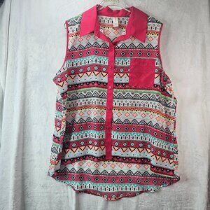 No Boundaries Women Top Collared Sleeveless Geometric Shirt Button Up Size XXL